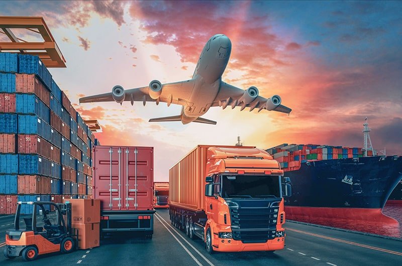 Cargo containers, trucks, and an airplane symbolizing BM Supply Chain’s global logistics network and worldwide shipping solutions.