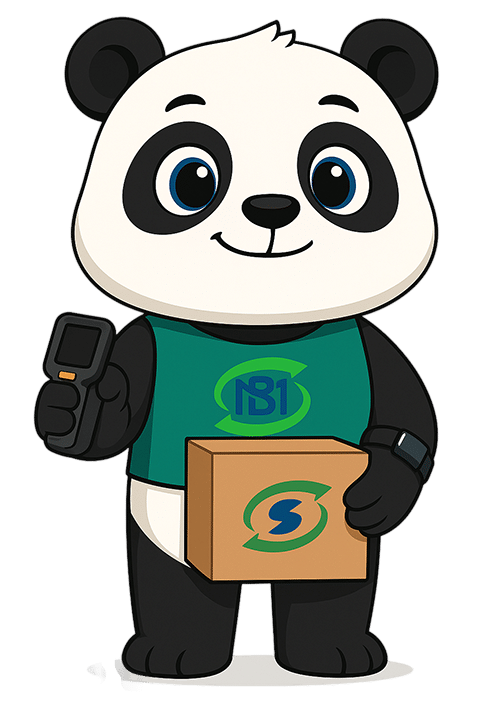 Panda mascot of BM Supply Chain holding a package and barcode scanner, representing China 3PL and fulfillment services.