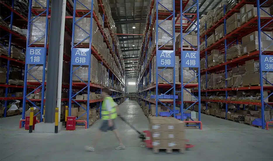 China based fulfillment warehouse with large scale racking systems supporting DTC brand inventory storage