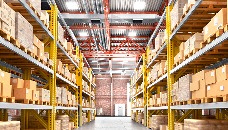 Modern China fulfillment center warehouse with organized storage racks and cartons for Amazon FBA prep, packaging, and real-time inventory tracking