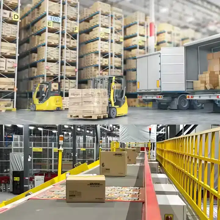 Wide view of China warehouse operations with forklifts, pallet racks, and DHL parcel sorting, representing fulfillment and free storage for DTC and dropshipping brands.