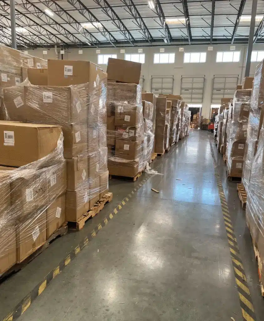 Aisle of a China warehouse with plastic-wrapped pallets of inventory, illustrating free storage solutions for DTC and dropshipping brands.