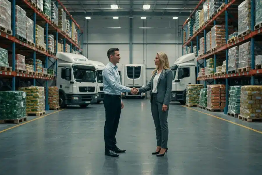 Business professionals selecting a reliable 3PL partner inside an ecommerce fulfillment warehouse