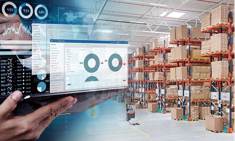 A digital dashboard displaying warehouse analytics over a modern storage facility, illustrating data-driven optimization in eCommerce and B2B fulfillment.