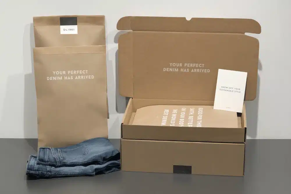 Ecommerce kitting example showing a denim product kit with custom branded packaging for order fulfillment