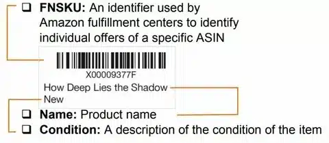 Close up illustration describing FNSKU identifier product name and item condition on Amazon labels.