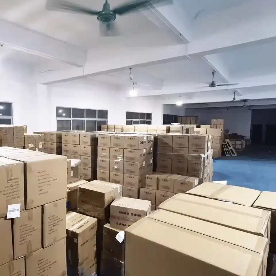 Neatly stacked boxes in a China warehouse storage room, representing free inventory storage benefits for ecommerce brands.