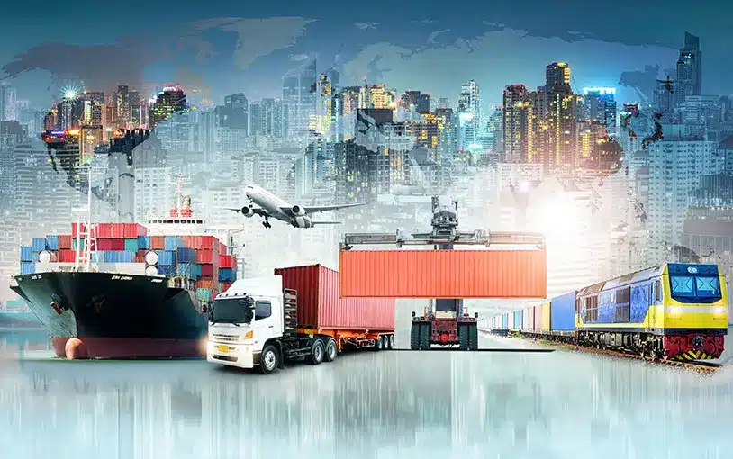 Global logistics illustration showing sea freight, air freight, rail transport, and trucking used for Amazon FBA shipping and China fulfillment services