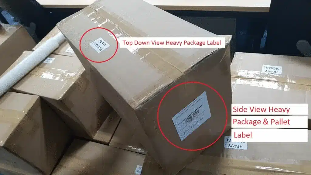 Carton showing top and side heavy package labels required under Amazon FBA packaging rules.