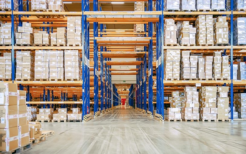 Large China fulfillment warehouse with high-rack shelves and palletized cartons used for Amazon FBA prep, storage, and inventory management