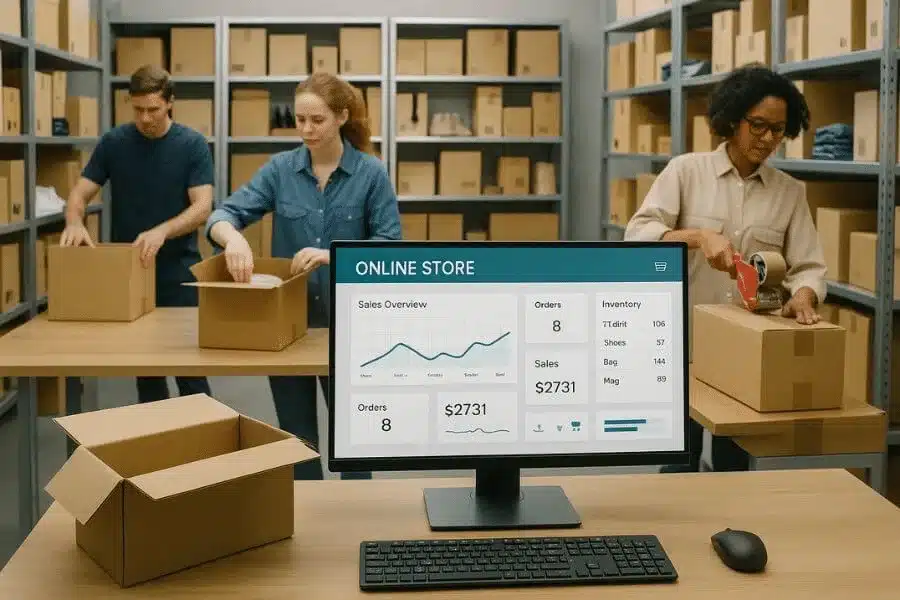 In house fulfillment operation showing a small ecommerce team packing customer orders