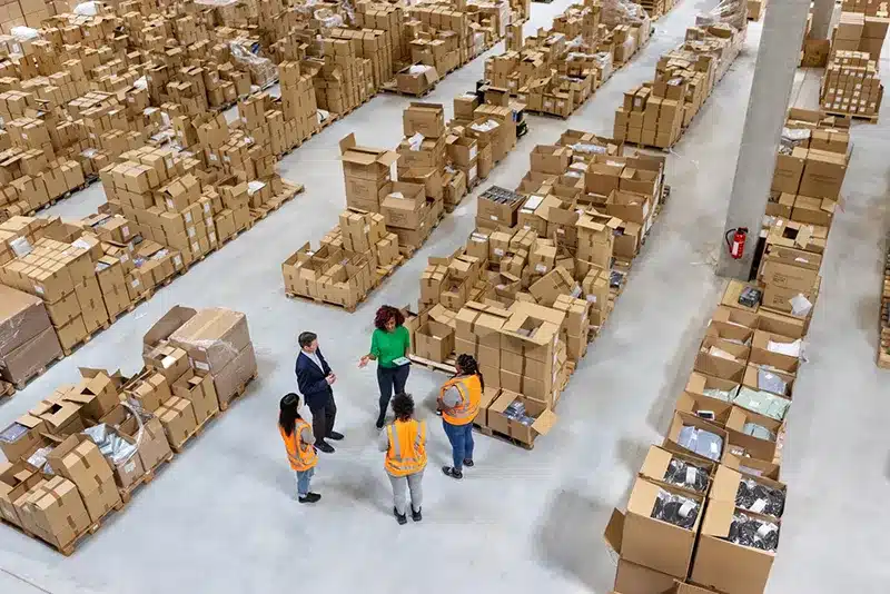 A fulfillment team discussing inventory planning inside a large warehouse, highlighting demand forecasting and stock optimization for eCommerce scaling.