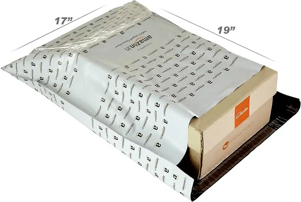 Large Amazon-branded poly mailer bag measuring seventeen by nineteen inches containing a product box.