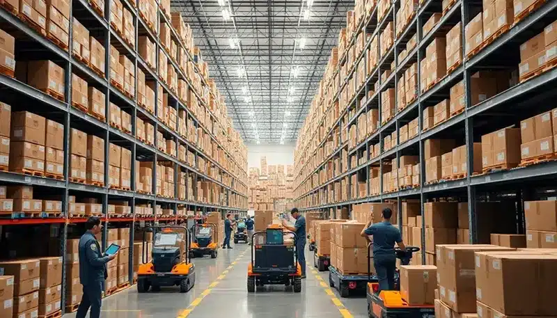A large automated warehouse with high racks and workers moving goods, representing scalable B2B fulfillment and warehouse management.