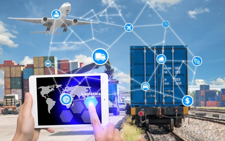 Real-time logistics tracking visualization showing multiple transportation modes—air, sea, rail, and truck—connected through a digital supply chain platform at BM Supply Chain.