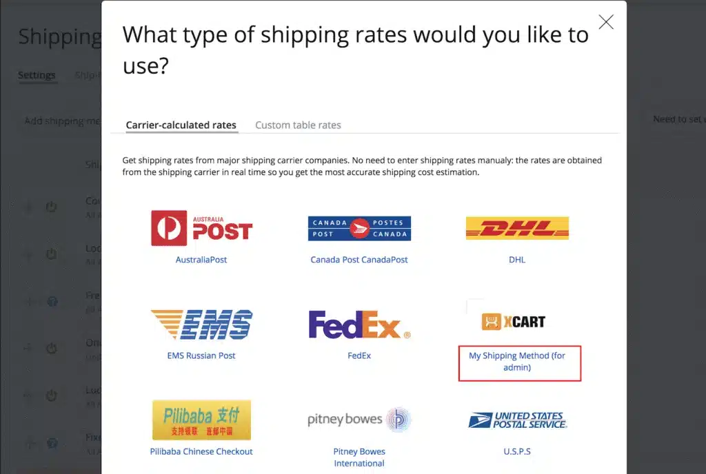 Screen displaying multiple shipping carriers such as DHL FedEx and Australia Post for calculating shipping rates.
