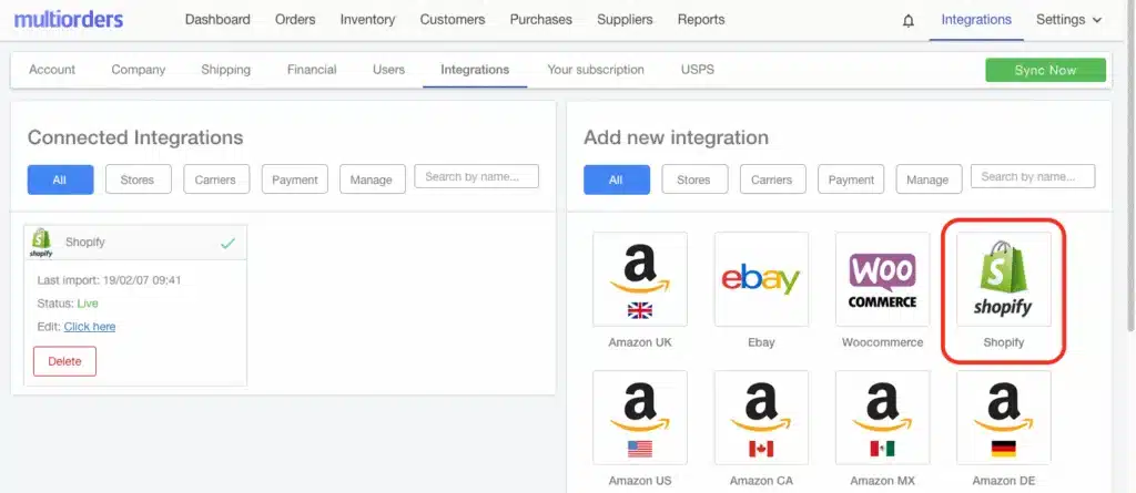 Shopify API integration dashboard used to connect ecommerce stores with third party logistics and order management systems