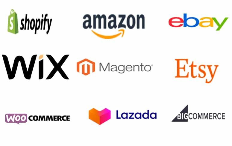 Logos of major eCommerce platforms supported by BM Supply Chain, including Shopify, Amazon, eBay, Etsy, WooCommerce, Wix, Magento, Lazada, and BigCommerce for seamless store integration.