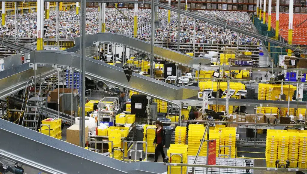 Amazon FBA warehouse showing product sorting and inspection before shipment.