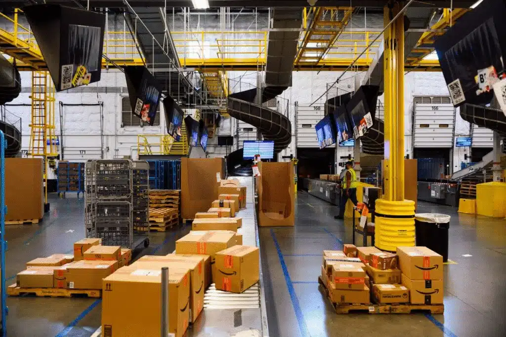 Packages on sorting belts being inspected before shipping to Amazon FBA centers.