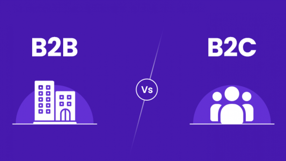 Simple icon based comparison of B2B and B2C fulfillment showing business buildings versus consumer groups
