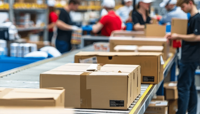 Packed cartons moving along a conveyor line in a busy warehouse during B2B fulfillment and order processing operations