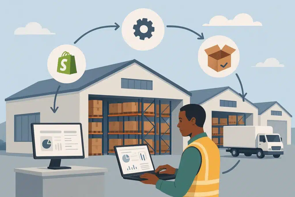 Illustration of a warehouse employee using software to manage multichannel ecommerce fulfillment, connecting Shopify, inventory, and shipping operations.