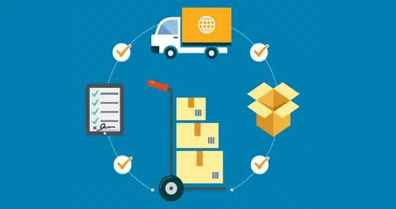 Illustration of pick, pack, and ship workflow representing 3PL order processing, packaging optimization, and high-accuracy fulfillment operations.