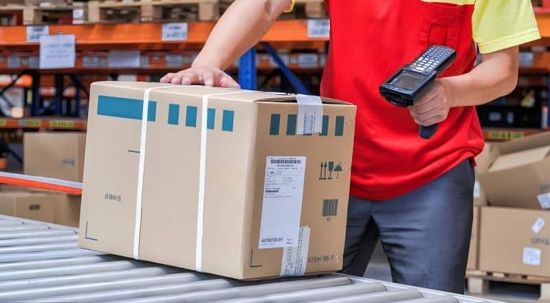 Warehouse worker scanning a labeled package with handheld barcode scanner during Kickstarter order fulfillment