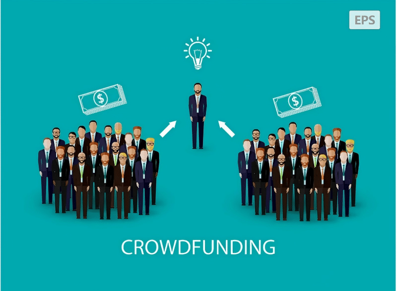 Illustration showing crowdfunding concept: two groups of people funding an idea, representing the journey from campaign to fulfillment