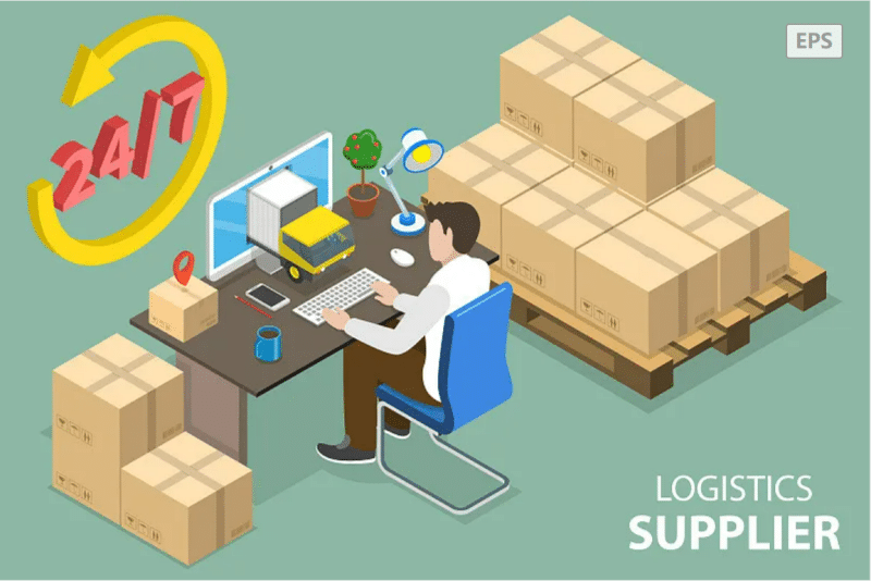 Illustration of a logistics supplier managing crowdfunding orders 24/7 with real-time tracking and customer support