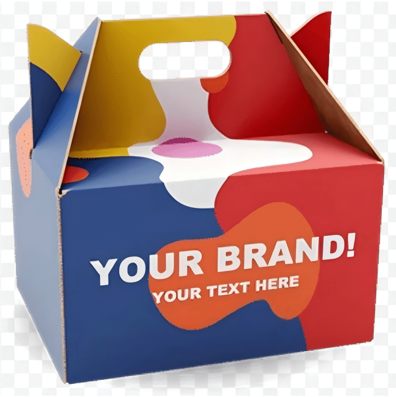 Colorful custom cardboard box with handle and branding, designed for board game fulfillment and unboxing experience