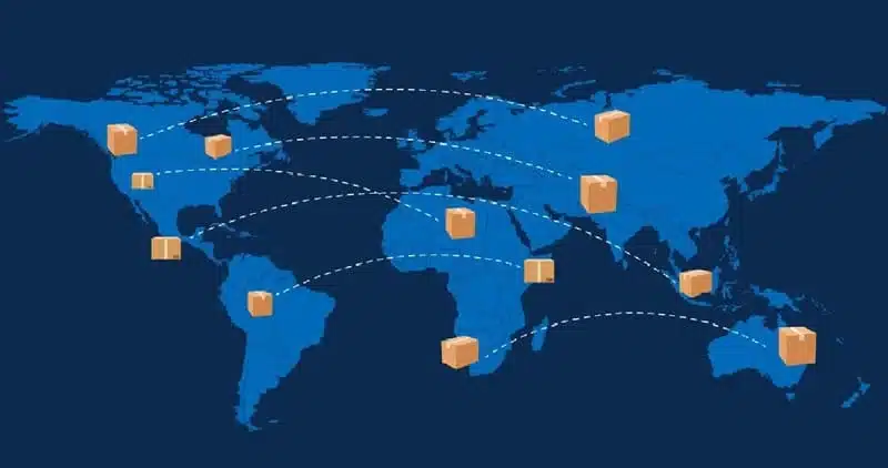World map illustration showing distributed inventory movement, representing China 3PL warehouse storage, labeling, inspection, and full visibility tracking.