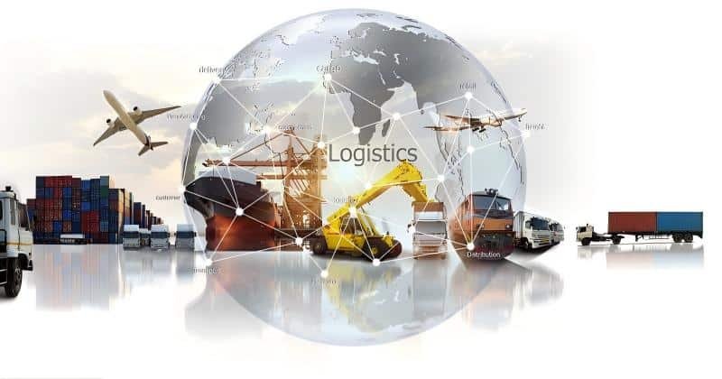 World globe with interconnected logistics network, showing cargo planes, ships, trucks and warehouses representing global shipping for crowdfunding rewards