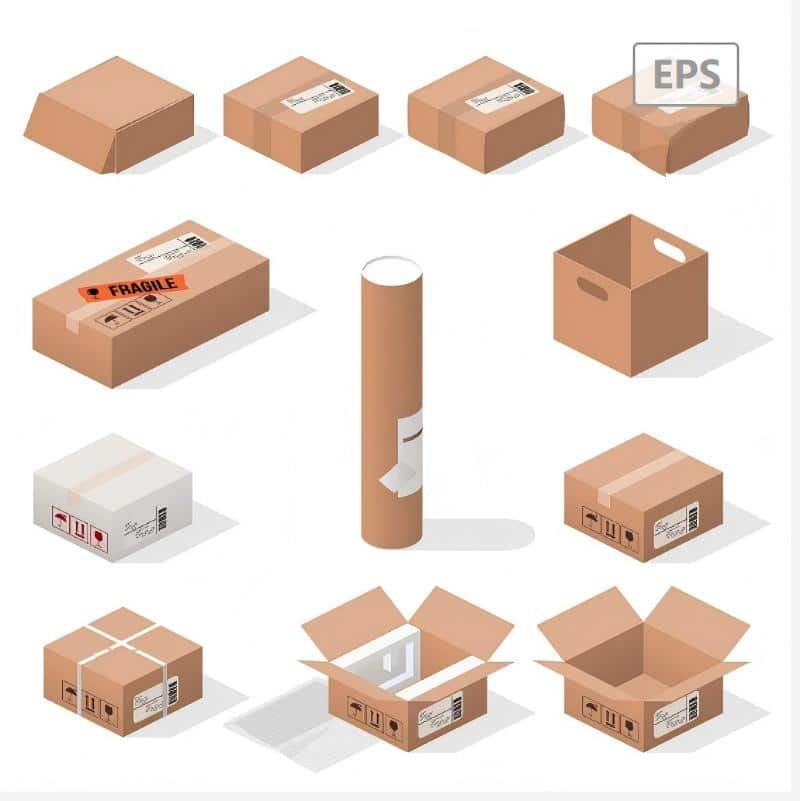 Illustration of various cardboard boxes, including fragile-labeled packages and custom shipping containers, used for crowdfunding product fulfillment