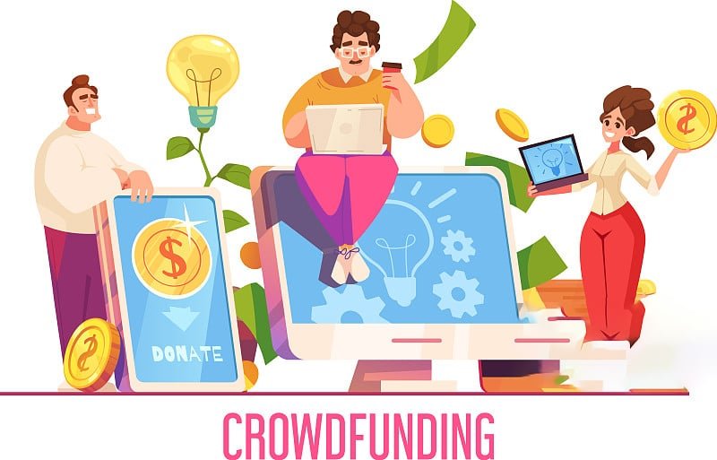 Illustration of team members working together on crowdfunding project: one person with laptop, another holding gold coin, third managing donation interface, symbolizing collaboration between creator and fulfillment partner