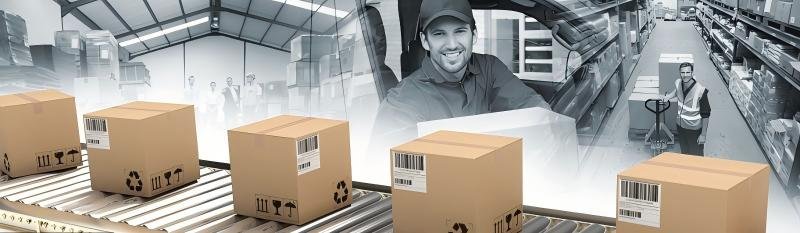 Logistics scene with packages on conveyor belt, warehouse workers, and delivery driver, representing crowdfunding order fulfillment