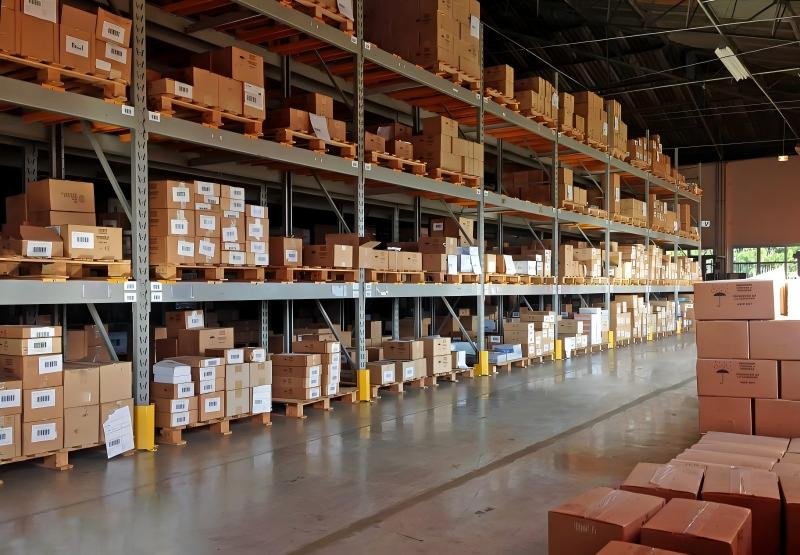 Large warehouse with organized shelving and pallets storing inventory for Kickstarter campaign fulfillment