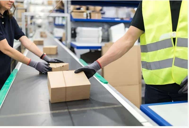 Warehouse worker packing international orders for a tech Kickstarter campaign, handling custom boxes, labels and logistics that drive up real fulfillment costs