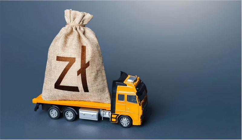Toy truck carrying a money bag labeled with currency symbol, symbolizing fulfillment costs and financial risks in crowdfunding