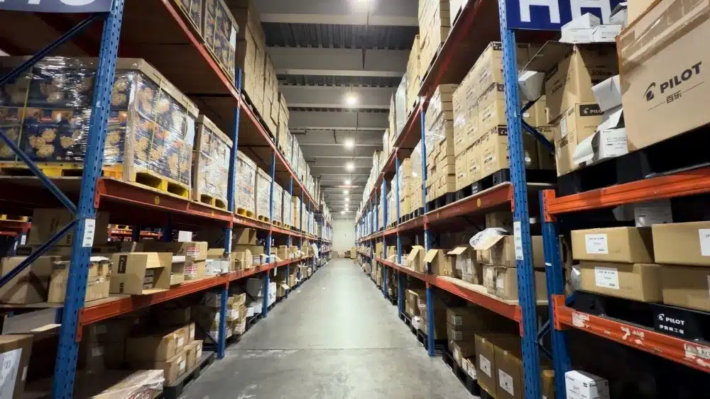 Organized China warehouse inventory supporting fulfillment contingency plans during US-China trade tensions