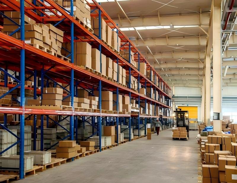 Tall industrial shelving units filled with boxes and a forklift moving pallets, representing high-density warehousing and logistics management.
