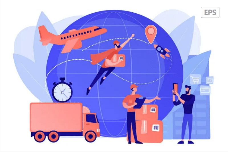 Illustration of global delivery ecosystem with airplane, truck, courier, and digital devices around a globe, symbolizing integrated B2B and B2C logistics management for retail compliance and speed.