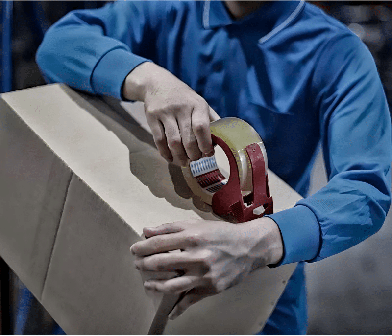 Worker sealing a cardboard box with tape in a warehouse, demonstrating the importance of right-sized packaging in reducing shipping costs.
