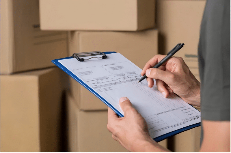 Warehouse manager holding a clipboard and pen, reviewing shipping documents and dimensional weight calculations to manage logistics costs.