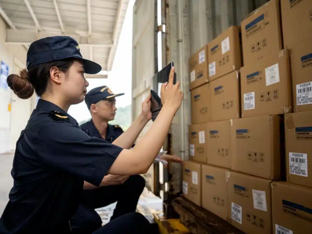 Customs officers inspecting labeled cartons inside a shipping container during an international customs hold