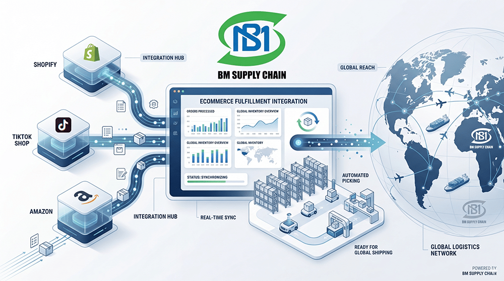 Ecommerce fulfillment integration system connecting Shopify, TikTok and Amazon with global logistics and automated warehouse operations