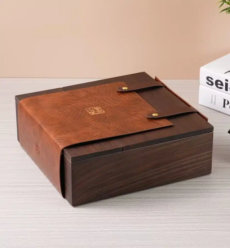 Premium wooden product box with leather wrap showcasing luxury custom packaging for ecommerce brands