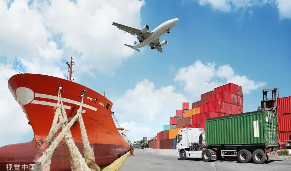 Ocean vessel, cargo truck, containers, and airplane representing multimodal shipping alternatives during port congestion in China