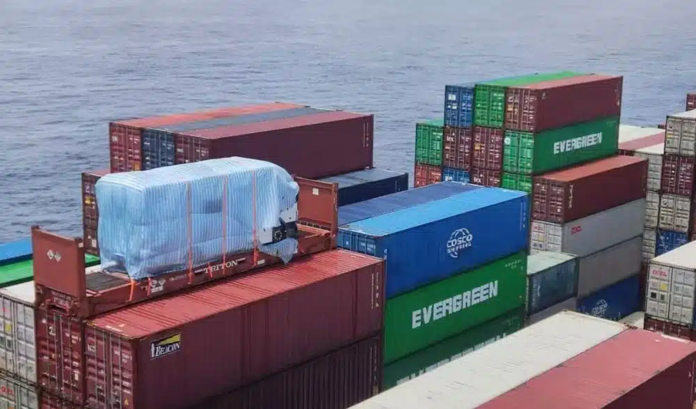 Oversized cargo secured on a flat rack container for flexible ocean freight routing from China